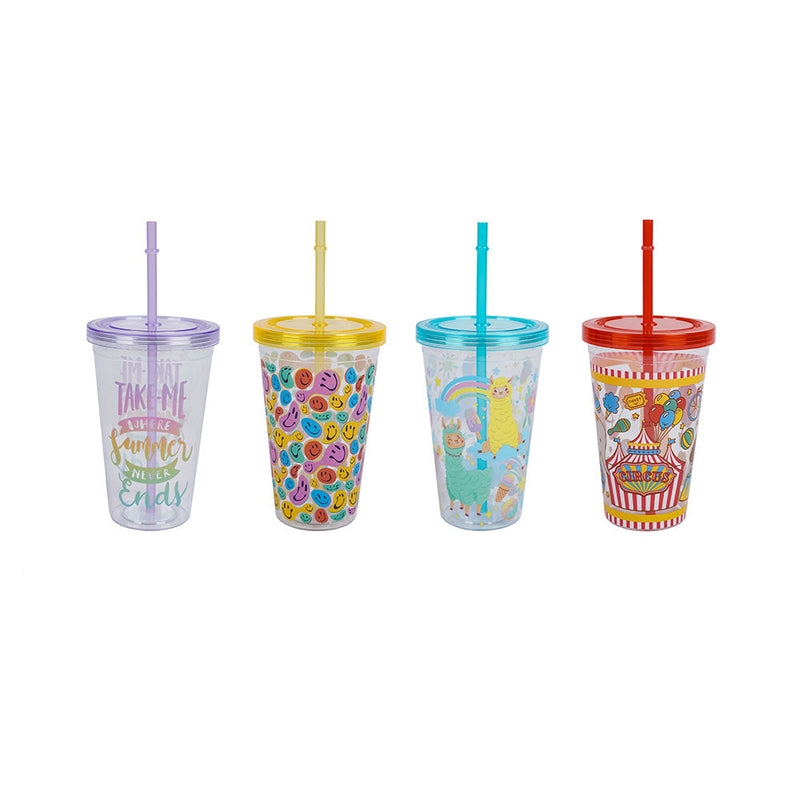 Coloured Plastic Drinking Tumbler Beaker with Lid and Straw