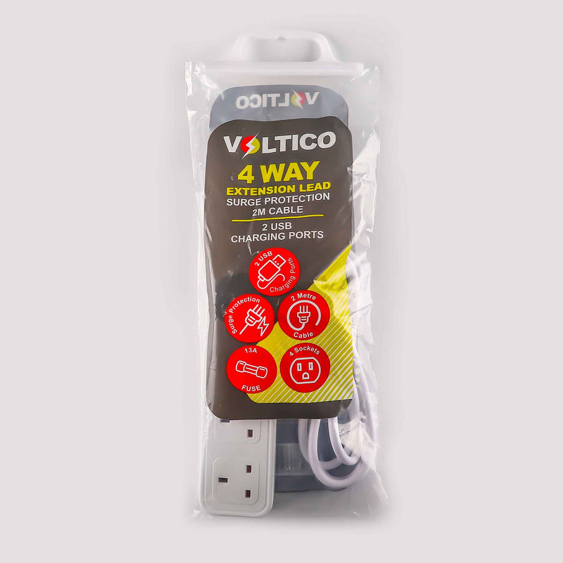 4 Way Socket Extension Lead with Surge Protection & 2 USB Charging 2M