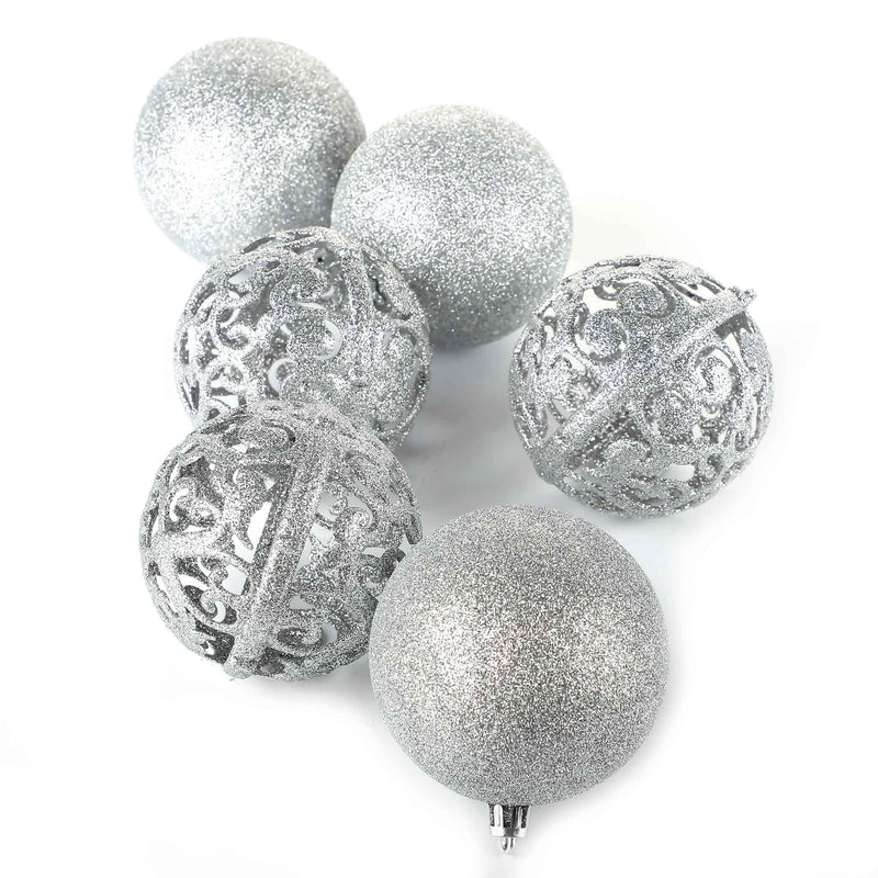 6 Pack Glitter Christmas Bauble Set 8cm- Silver