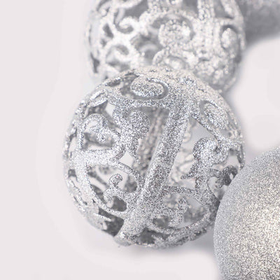 6 Pack Glitter Christmas Bauble Set 8cm- Silver