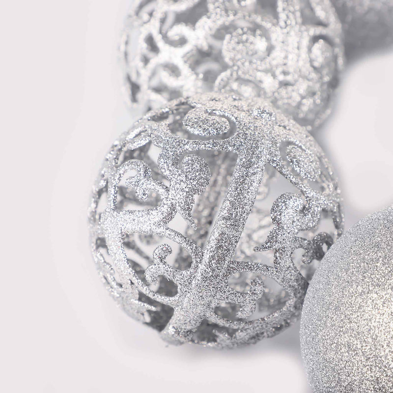 6 Pack Glitter Christmas Bauble Set 8cm- Silver
