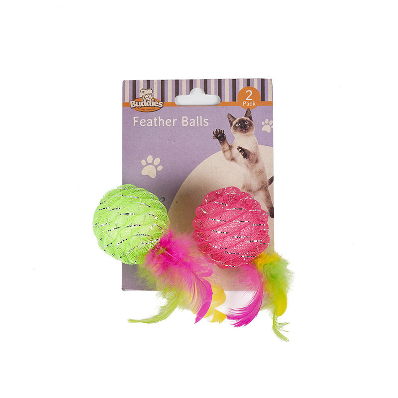 Cat Toy 2 Feather Ball Green & Pink