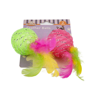 Cat Toy 2 Feather Ball Green & Pink