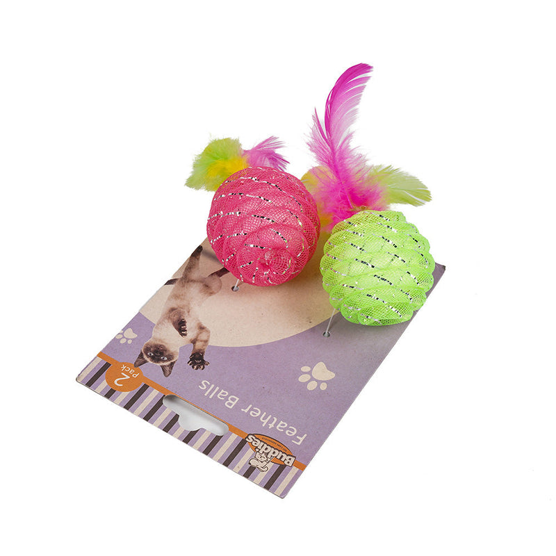 Cat Toy 2 Feather Ball Green & Pink