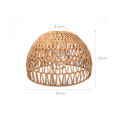 Woven rattan lampshade with dimensions on a white background