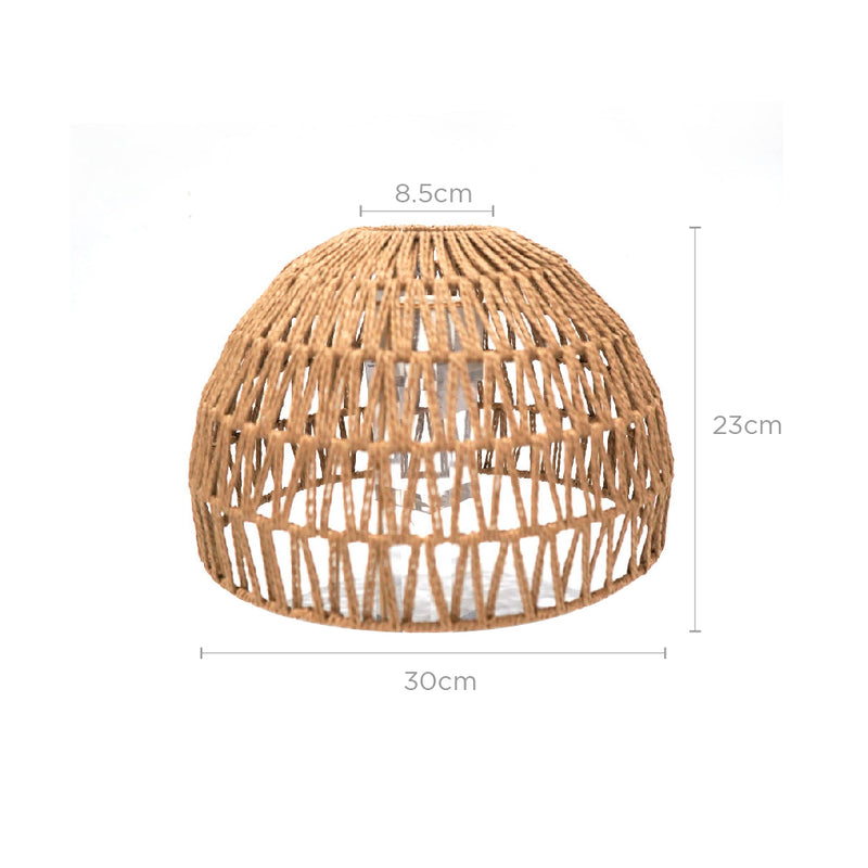 Woven rattan lampshade with dimensions on a white background