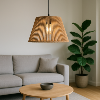 Living room with a gray sofa, wooden coffee table, and pendant lamp.