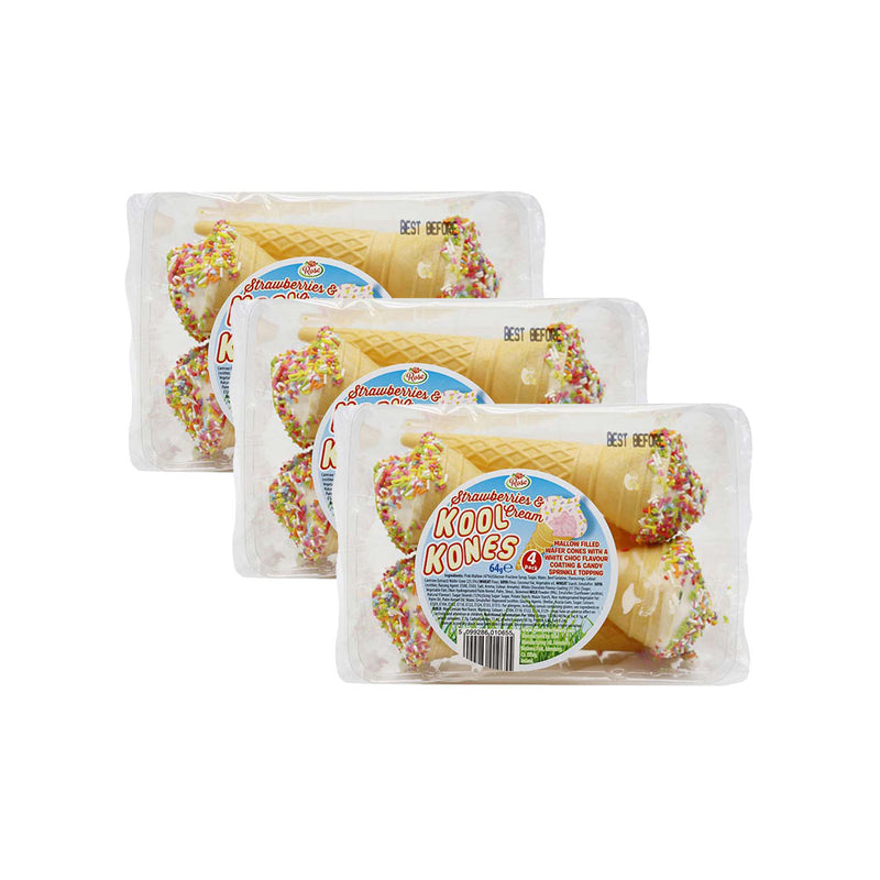 Rose Kool Kones Wafer Cones Strawberry & Cream 4PK x 3Pack