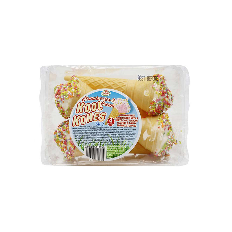 Rose Kool Kones Wafer Cones Strawberry & Cream 4PK x 3Pack