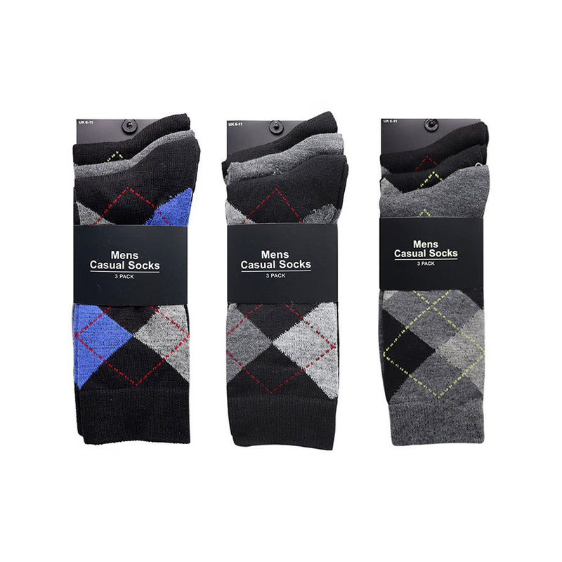 Mens Argyle Design Casual Socks 3PK Size 6-11