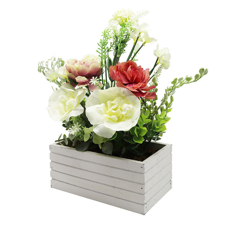 Artificial Flowers In White Rectangle Wooden Box