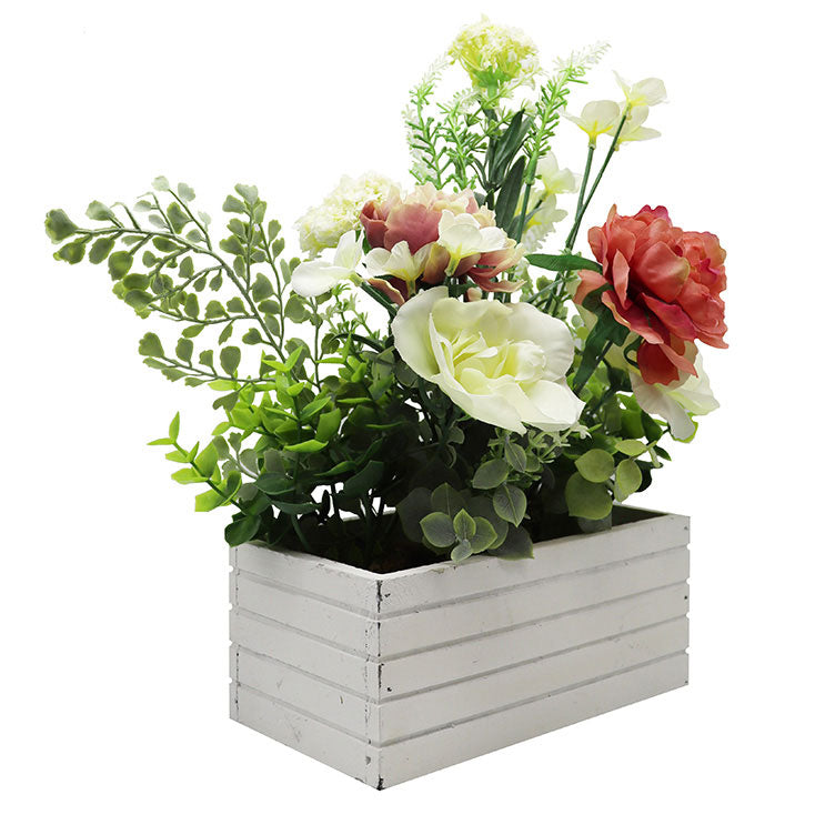 Artificial Flowers In White Rectangle Wooden Box