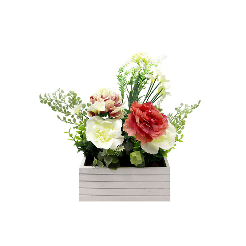 Artificial Flowers In White Rectangle Wooden Box