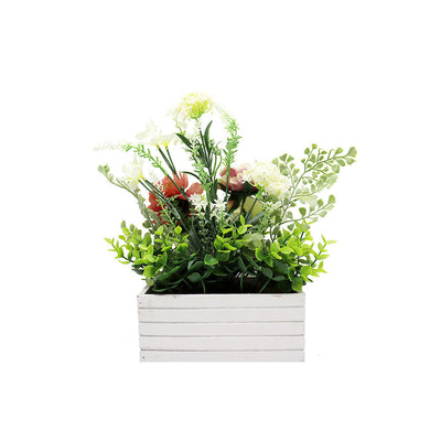 Artificial Flowers In White Rectangle Wooden Box