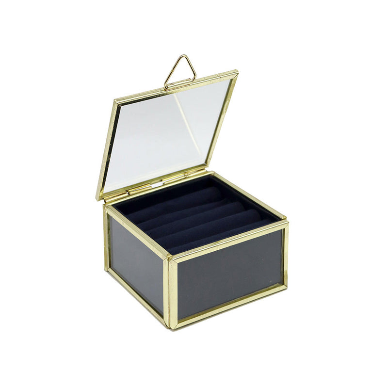 Metal Frame Glass Jewellery Box With Navy Fabric Lining