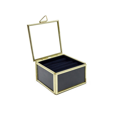 Metal Frame Glass Jewellery Box With Navy Fabric Lining