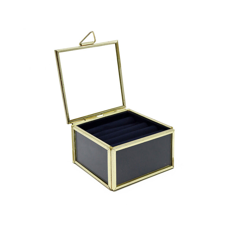 Metal Frame Glass Jewellery Box With Navy Fabric Lining