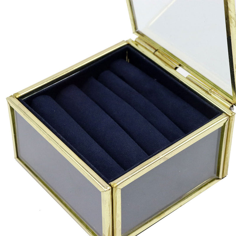Metal Frame Glass Jewellery Box With Navy Fabric Lining