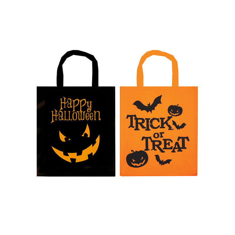 Two Halloween-themed tote bags, one black with a jack-o&