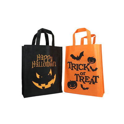 Black and orange Halloween bags with pumpkin and bat designs on a white background