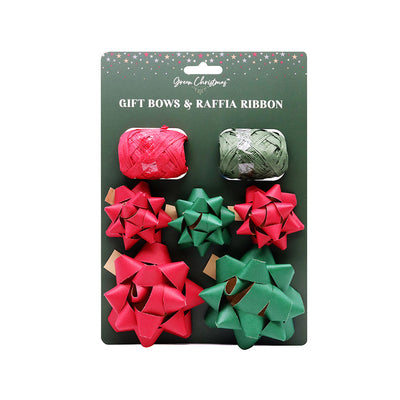 Kraft Gift Bows & Raffia Ribbon Kit Red & Green 7PK