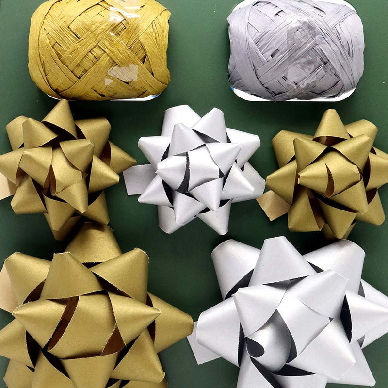 Kraft Gift Bows & Raffia Ribbon Kit Gold & Silver