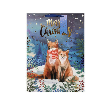 Christmas Watercolour Woodland Foxes Gift Bag Medium