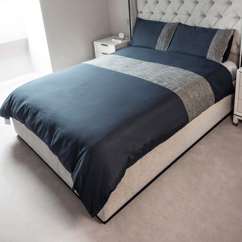 Natural Jacquard Panel Navy Duvet Set King Size