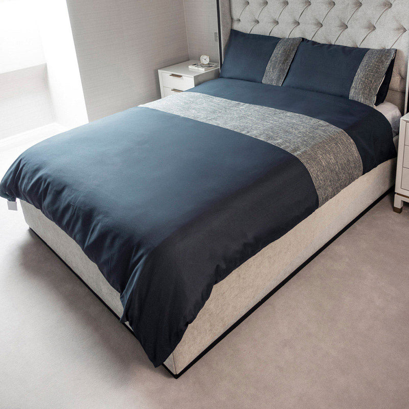 Natural Jacquard Panel Navy Duvet Set Single Size