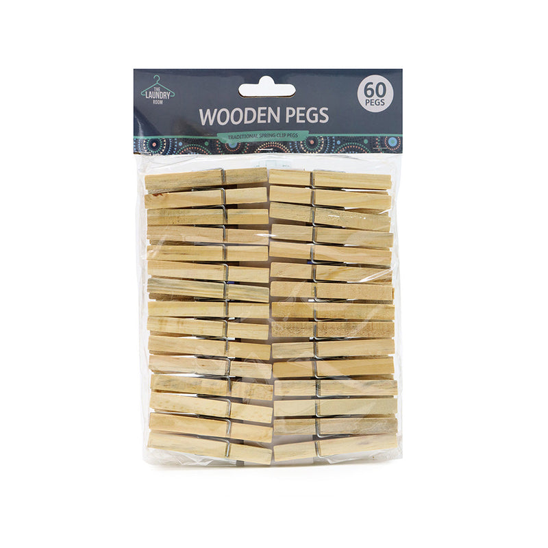 60 Wooden Traditional Spring Clip Pegs ¨C Durable Laundry Clothesline ...
