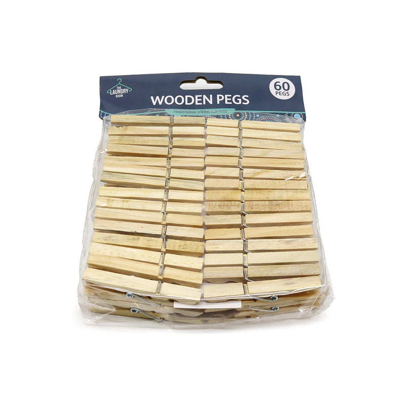 60 Natural Wooden Clothes Pegs Spring Laundry Clothespins