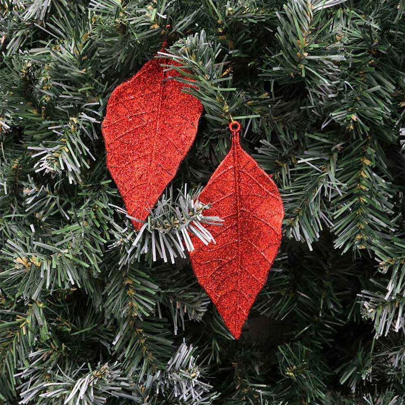 Glitter Leaf Hanging Decoration Red 2PK