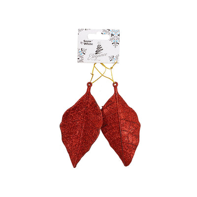 Glitter Leaf Hanging Decoration Red 2PK
