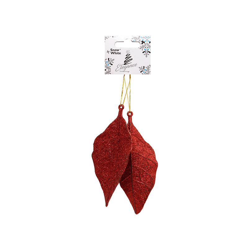 Glitter Leaf Hanging Decoration Red 2PK