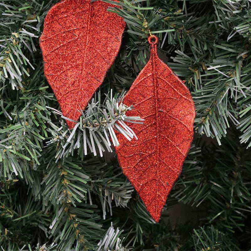 Glitter Leaf Hanging Decoration Red 2PK