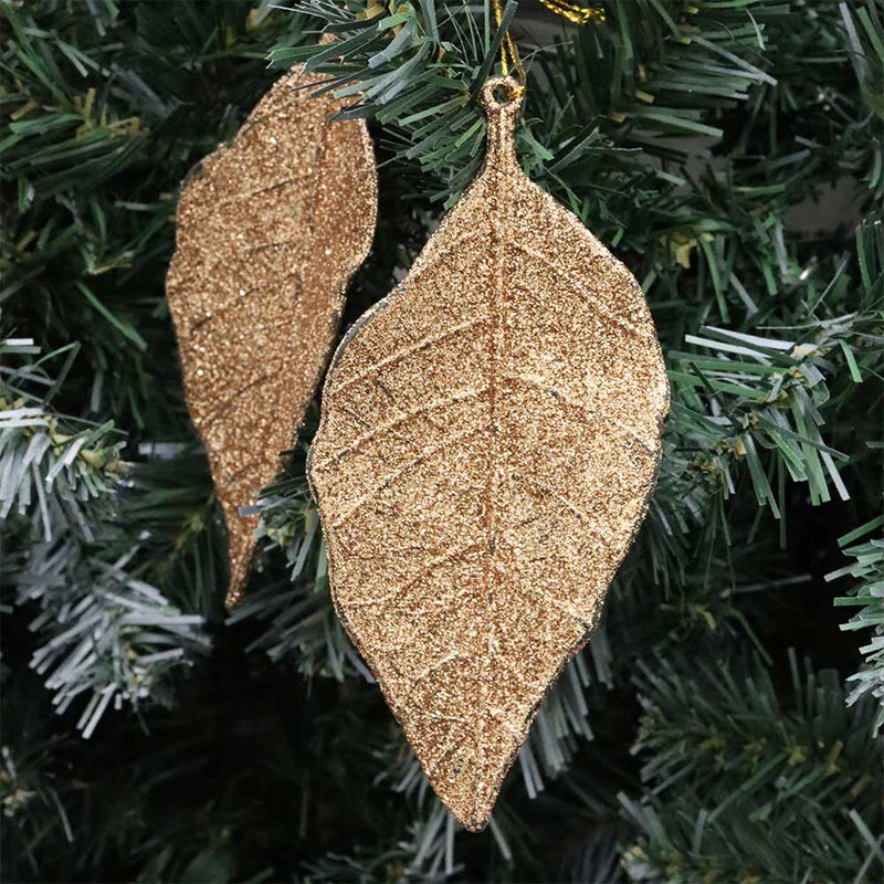 Glitter Leaf Hanging Decoration Rose Gold 2PK