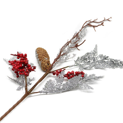 Luxury Christmas Pick With Berries, Silver Twig & Cone