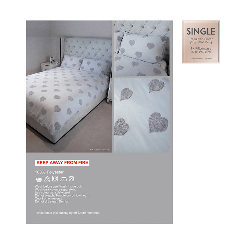 Light Grey Tufted Heart Duvet Set 2PCS Single Size