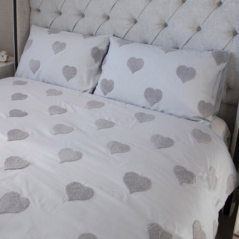 Light Grey Tufted Heart Duvet Set 3PCS Double Size