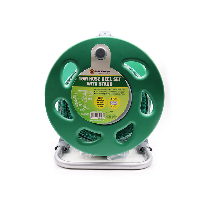 15M Wall Mount Hose Pipe Reel With Stand & Fitting with 6 Adjustable Spray Gun Nozzles