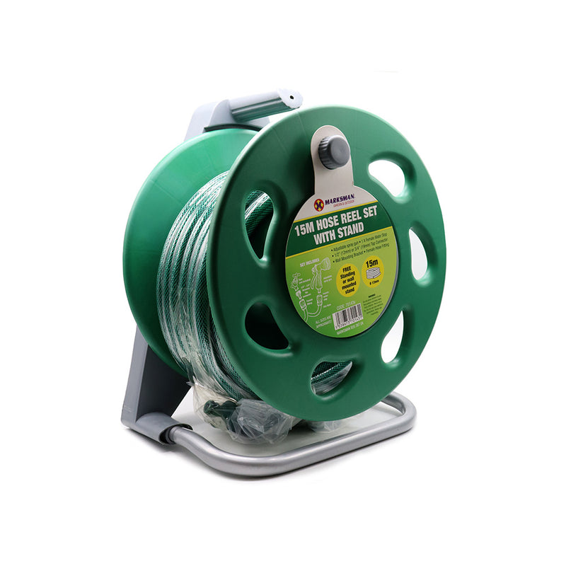 15M Wall Mount Hose Pipe Reel With Stand & Fitting with 6 Adjustable Spray Gun Nozzles