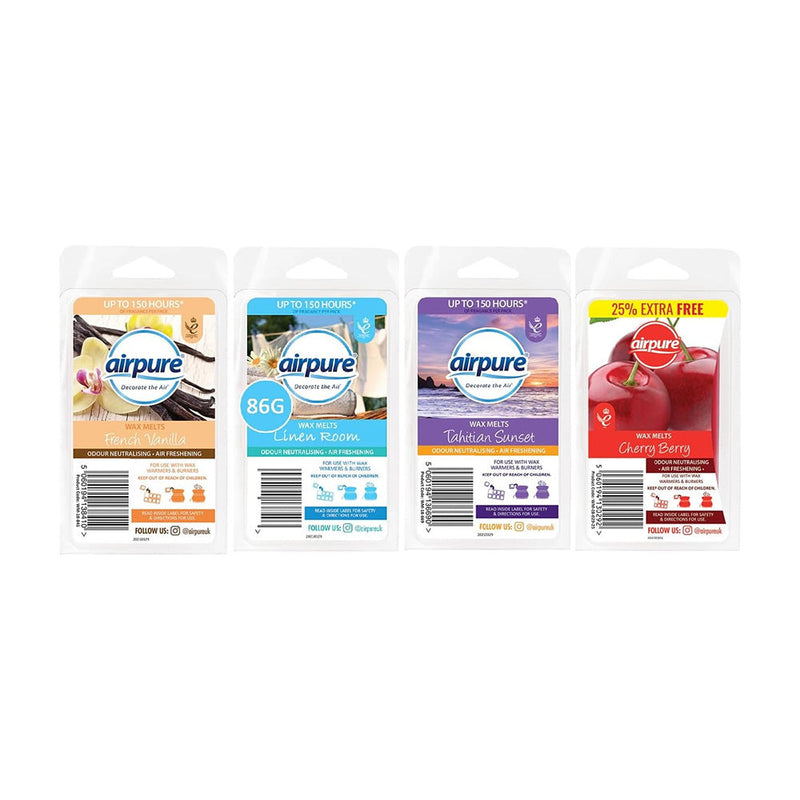Airpure Scented Wax Melts 86g French Vanilla, Linen Room, Tahitian Sunset & Cherry Berry