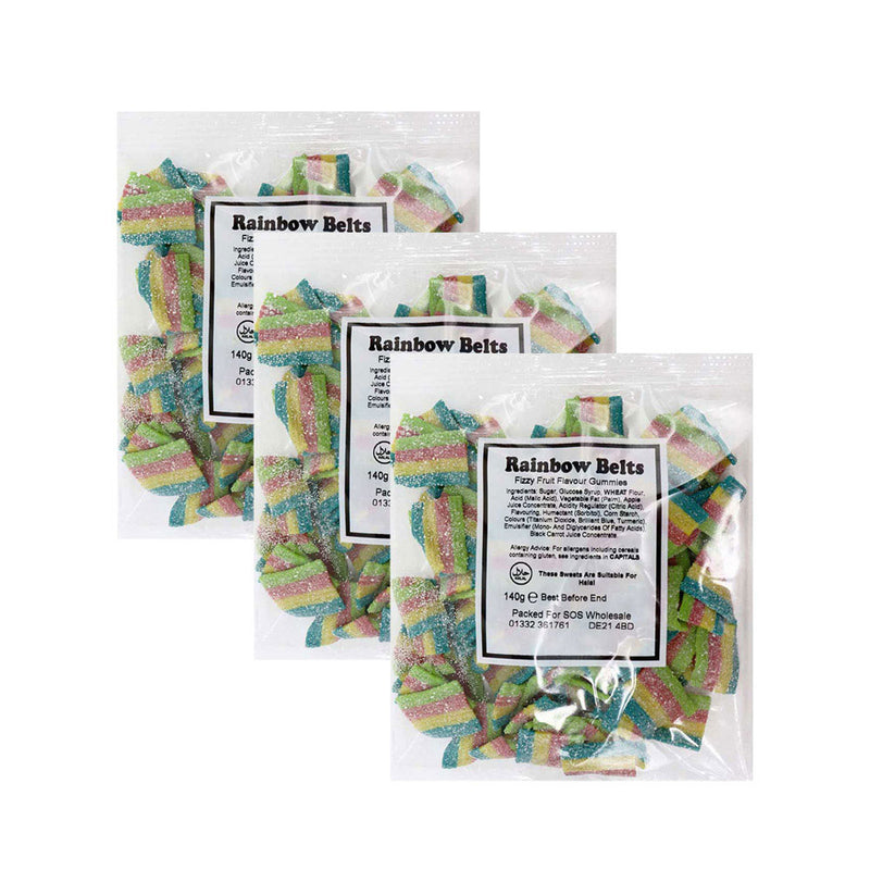 Bumper Bag Fizzy Fruit Rainbow Belts Sweets 140g x 3Pack