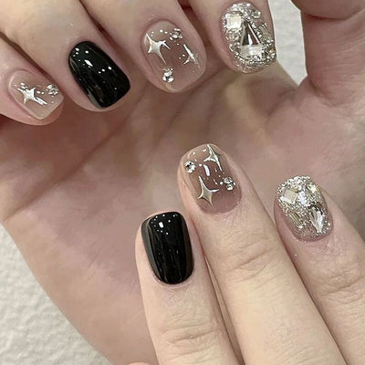 Black Flash Diamond Cross Star Press-on Nails