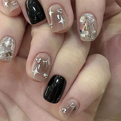 Black Flash Diamond Cross Star Press-on Nails