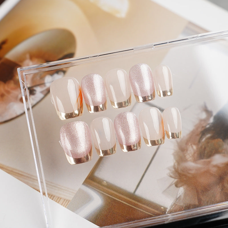 French Pink Cat Eyes With Gold Rim Press on Nails