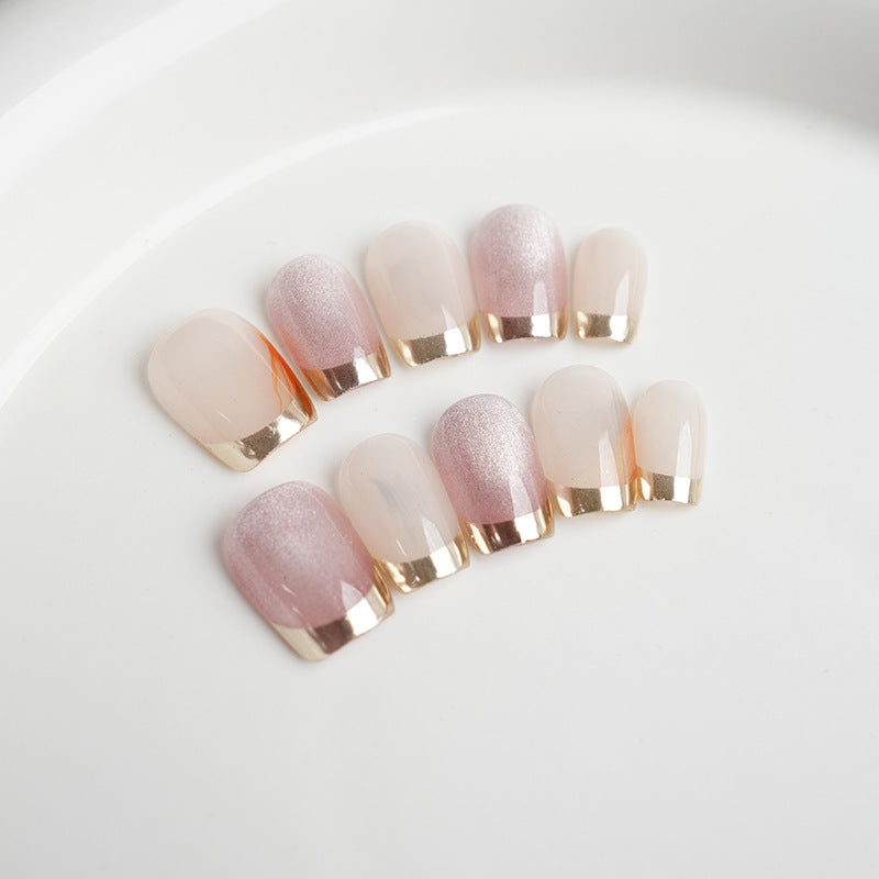 French Pink Cat Eyes With Gold Rim Press on Nails