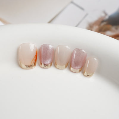 French Pink Cat Eyes With Gold Rim Press on Nails