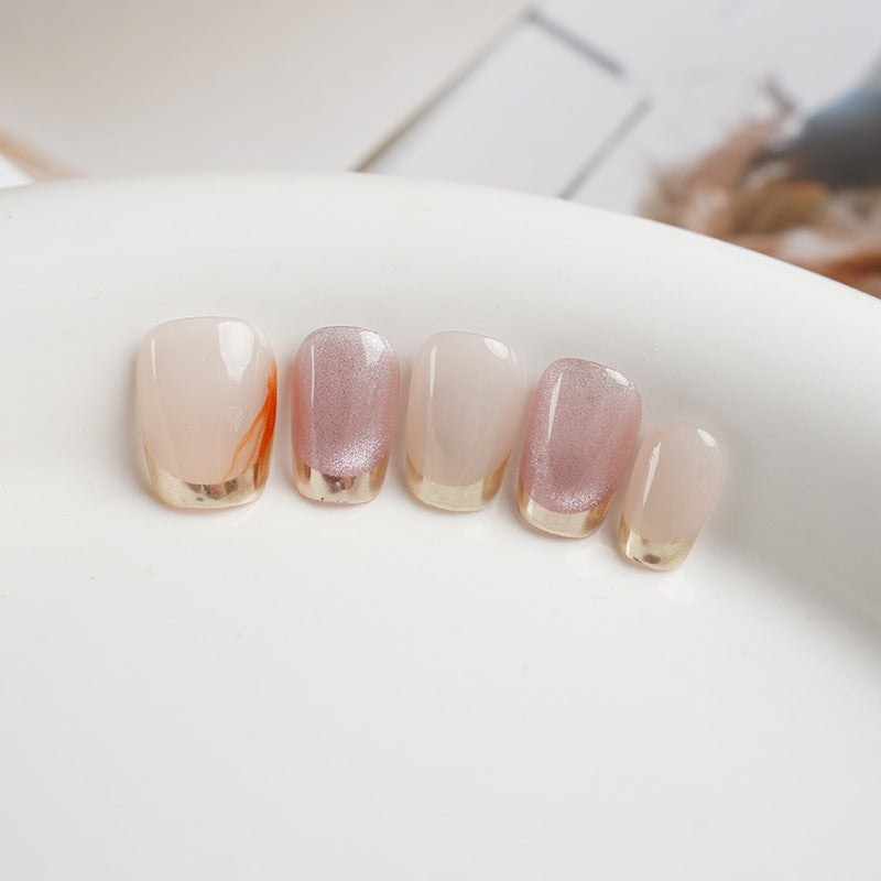French Pink Cat Eyes With Gold Rim Press on Nails