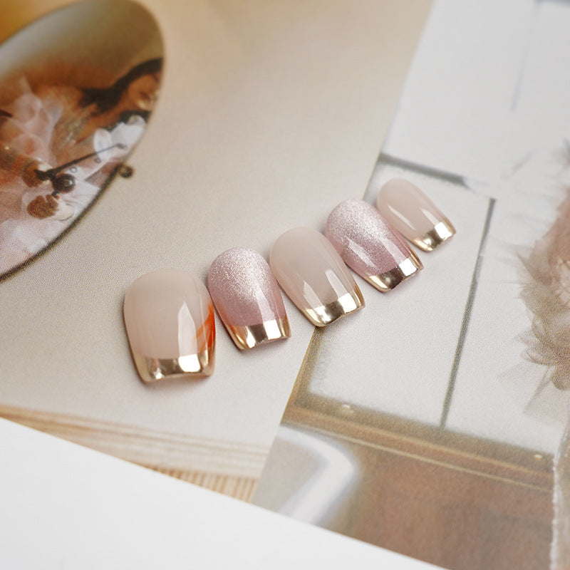 French Pink Cat Eyes With Gold Rim Press on Nails